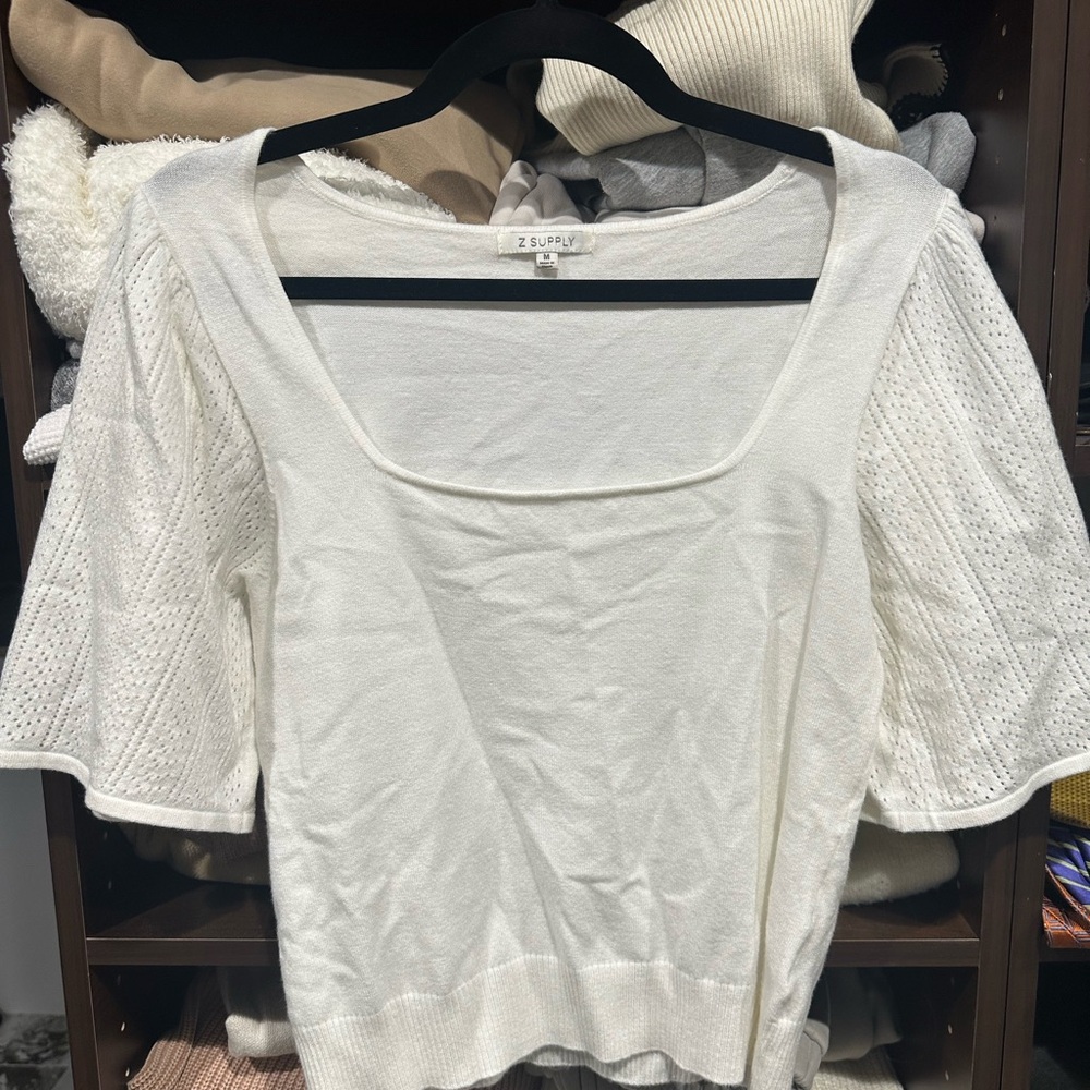 Z Supply White Puff Sleeve Ribbed Blouse M